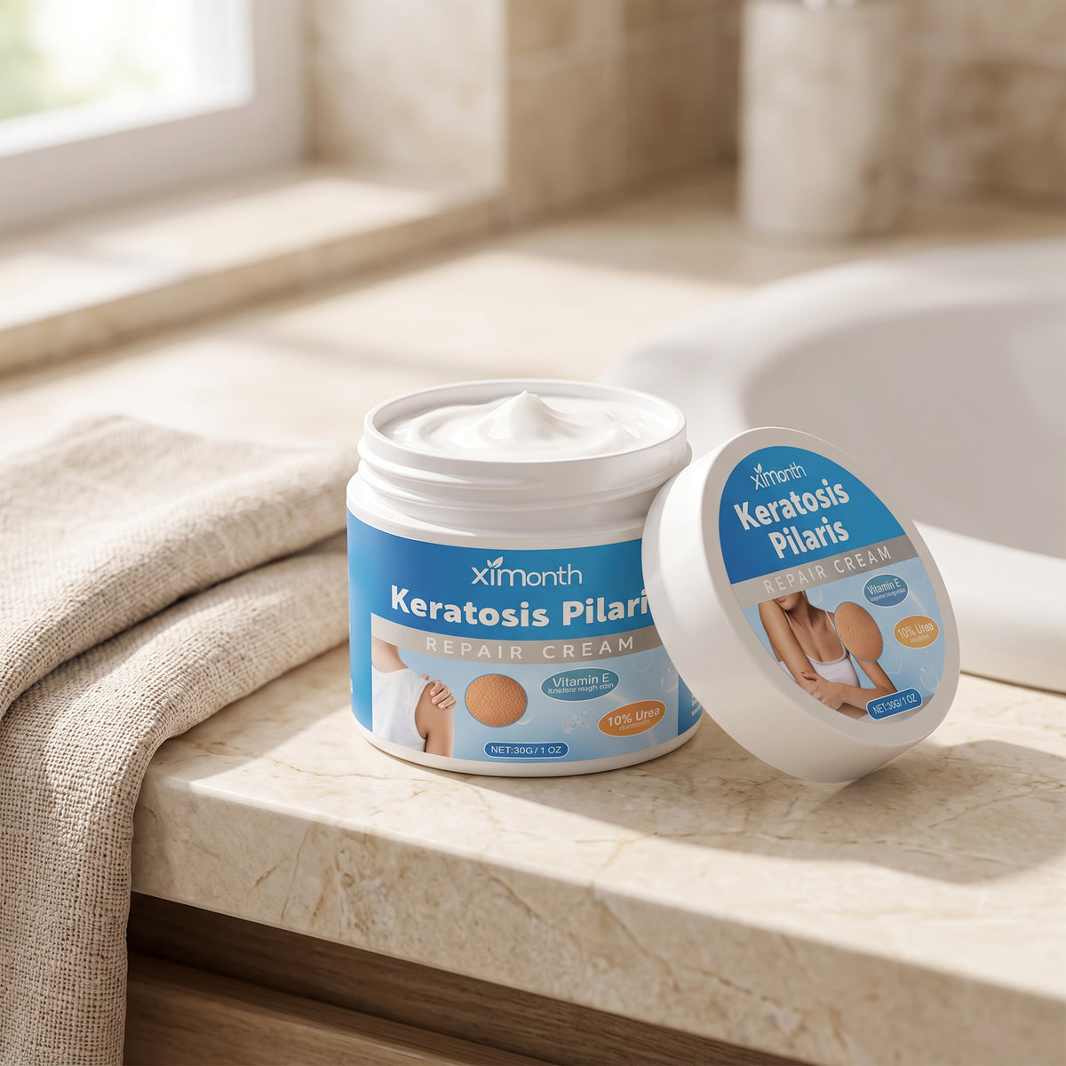 Open jar of 10% urea bumpy skin cream on a bathroom counter, cream visible